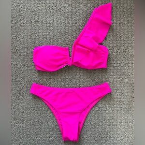 Shein One Shoulder Ruffle Trim V Wired Bikini Hot Pink Size Small